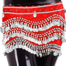 Belly批發3層天鵝絨臀圍巾 BDSP-1001, 紅+銀