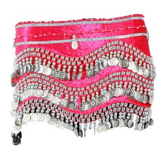 Belly批發3層天鵝絨臀圍巾 BDSP-1001, 櫻桃粉色+銀色