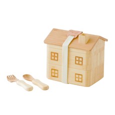 agney 木質房子造型便當盒+湯匙+叉子+彈力固定帶+矽膠條 3入, 混色, 1組