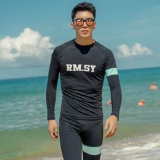 NAYA STYLE LCDRMSY男款文字印花素色長袖泳衣+內搭長褲套裝