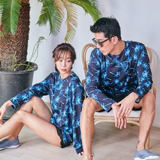NAYA STYLE 情侶款印花寬鬆長袖防曬T恤 藍色