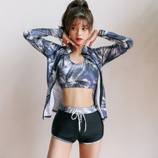 VENDIS 女款植物圖案印花防曬拉鍊長袖泳衣+背心+泳褲套組 C255, 海軍藍