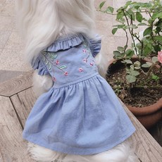 寵物狗狗刺繡荷葉邊洋裝 DO017, 藍色