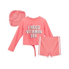 SPORDINO 女童款衝浪VITAMIN字母款背後綁帶長袖上衣+短褲+遮陽泳帽組合