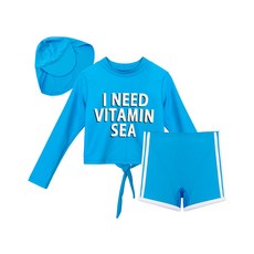 SPORDINO 女童款衝浪VITAMIN字母款背後綁帶長袖上衣+短褲+遮陽泳帽組合