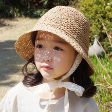 woojooi 女童簡約蕾絲綁帶草編漁夫帽