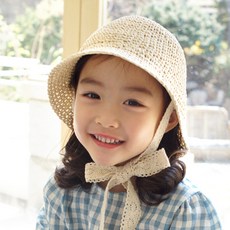 woojooi 女童簡約蕾絲綁帶草編漁夫帽