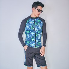 NAYA STYLE 男款插肩花紋拉鍊長袖泳衣