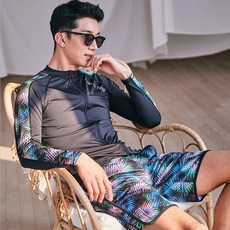 NAYA STYLE 男款花紋插肩長袖拉鍊泳衣+短褲套裝