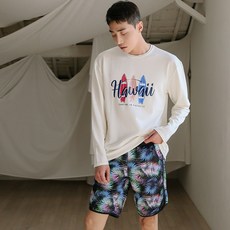 VENDIS 男款夏威夷印花防曬長袖泳衣 C264 +樹葉印花沙灘褲套裝 A518