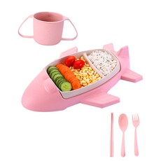 飛機造型餐盤餐具組, 粉色, 餐盤+杯子+湯匙+叉子