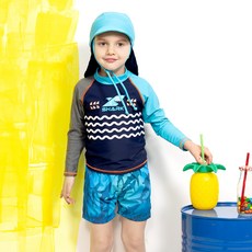 WALTON kids 男童鯊魚長袖泳衣+泳褲+泳帽