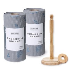 youhouse Nature 壓花拋棄式菜瓜布 60張 x 2個 + 原木捲筒菜瓜布專用掛架套組, 混合顏色, 1套