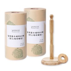 youhouse 龜背芋雙面一次性菜瓜布 60入 2p + 原木捲筒菜瓜布專用掛架, 混合顏色, 1套