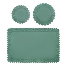 ade.l Doily 蕾絲花邊矽膠餐具單人3件組, 卡其色, 餐墊(寬 428mm x 長 282mm), 杯墊(9cm, 11cm)