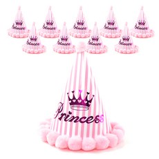 PARTYSHOW 條紋毛球生日派對帽, 粉紅色, 10入