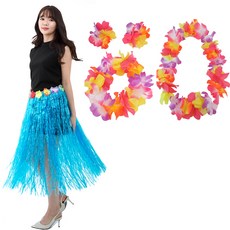 PARTYSHOW 夏威夷派對草裙 80cm + 派對花環組, 藍色, 1套