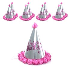 PARTYSHOW 銀色毛球生日派對尖帽, 粉紅色, 9個