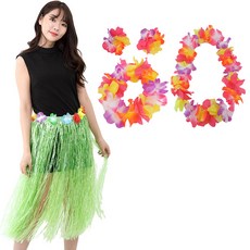PARTYSHOW 夏威夷派對草裙 80cm + 派對花環組, 綠色, 1套