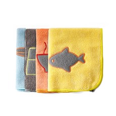 廚房抹布 4入, 黃魚，橙盤，灰瓦，藍桌, 1套