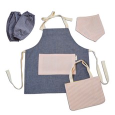 SEMOMS 深藍粉紅條紋圍裙+頭巾+袖套+收納包
