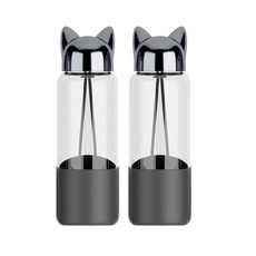 PUKO 狐狸造型耐熱玻璃水瓶 2入組, 黑色, 350ml