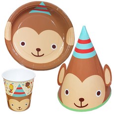 B Home Baking 卡通塗層盤 + 派對帽 + 紙杯 猴子, 10套