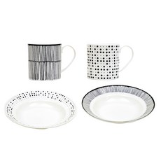 HANKOOK CHINAWARE 復古藍義大利麵西餐餐具組 4入, 2p 湯碗 + 2p 馬克杯, 點、線