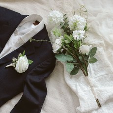 ASPASIA 仿真花 Marry Me 玫瑰 自助婚紗攝影道具 2件組 捧花 + 胸花, 白色, 1個