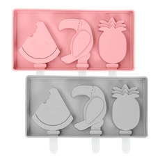 矽膠冰棒模具 3格鳳梨造型 2款+蓋子 2入+冰棒棍 6入, 粉色, 灰色, 1套