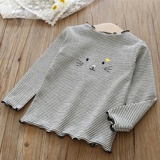 Contikids 女童貓咪刺繡條紋長袖滾邊T恤
