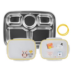 動物印花不鏽鋼餐盤便當盒組, 混色, 便當盒+便當蓋+矽膠圈