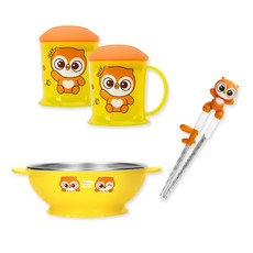 에디슨 국산 프렌즈 처음 배우는 컵 2p + 스텐 젓가락 1단계 + 논슬립 스텐 대접, 부엉이, 컵 2p + 젓가락 + 대접