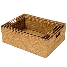 明日空間 附把手方形藤編籃 S M L XL 4件組, 單一顏色, 1套