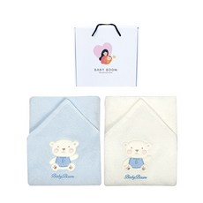BabyBoom 小熊浴巾禮盒組 2入, 象牙白+藍色, 1組