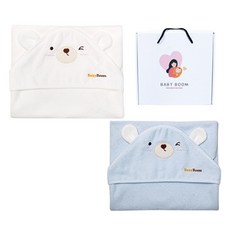 BabyBoom 韓國產眨眼小熊造型浴巾組 2入+包裝盒, 象牙白+天藍色, 1組