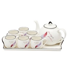 차노야 깃털문양 백색도자기 티포트세트, 1세트, 티포트 1000ml + 찻잔 190ml x 6p + 쟁반, 1세트 티포트 1000ml + 찻잔 190ml x 6p + 쟁반