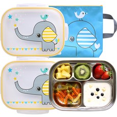 Little Me 孩童印花不鏽鋼餐盤便當盒組, 混色, 蓋子 2入+不鏽鋼餐盤+便當袋