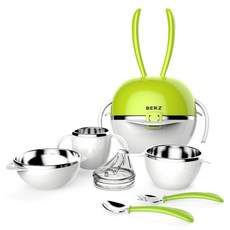 BERZ 孩童兔子造型餐具組, 綠色, 湯匙+叉子+保護罩+2種功能杯+湯碗+大碗, 1組