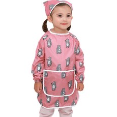 bebe chouette 孩童印花長袖美術圍裙+頭巾+收納袋, 小熊款