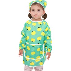 bebe chouette 孩童印花長袖美術圍裙+頭巾+收納袋, 薄荷綠