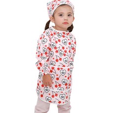 bebe chouette 孩童印花長袖美術圍裙+頭巾+收納袋, 愛心櫻桃款