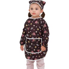 bebe chouette 孩童印花長袖美術圍裙+頭巾+收納袋, 小花款