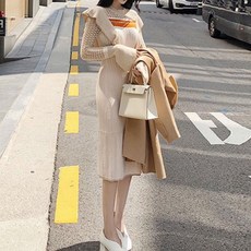 페이퍼먼츠 어깨 소매 러플 가을 롱 니트 배색 원피스 6187