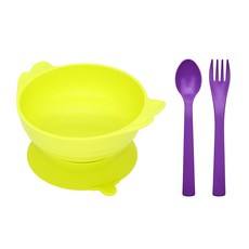 UINLUI 吸附式輔食餐具組, 萊姆綠, 碗+防滑底座+湯匙+叉子
