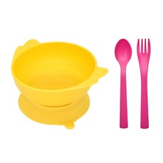 UINLUI 吸附式輔食餐具組, 香蕉黃, 碗+防滑底座+湯匙+叉子