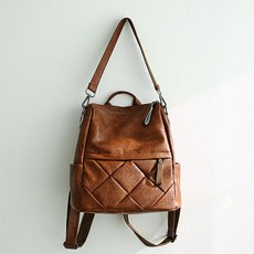 LULU 女款皮革菱格紋雙肩包, 棕色