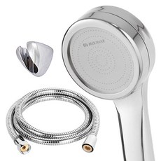 MIRINAE 增壓蓮蓬頭+黃銅不鏽鋼沐浴軟管 2m+蓮蓬頭掛架組, 1組, 銀色