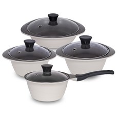 PAllAS 電磁爐適用陶瓷不沾湯鍋 4入組, 牛奶米色, 單柄鍋18cm+雙耳鍋18cm+20cm+淺湯鍋24cm