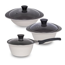 PAllAS 電磁爐適用陶瓷不沾鍋具 3入組, 單柄鍋18cm+雙耳鍋20cm+淺湯鍋24cm, 牛奶米色